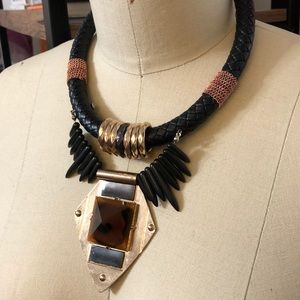 Statement Necklace leather and Golden-tone
